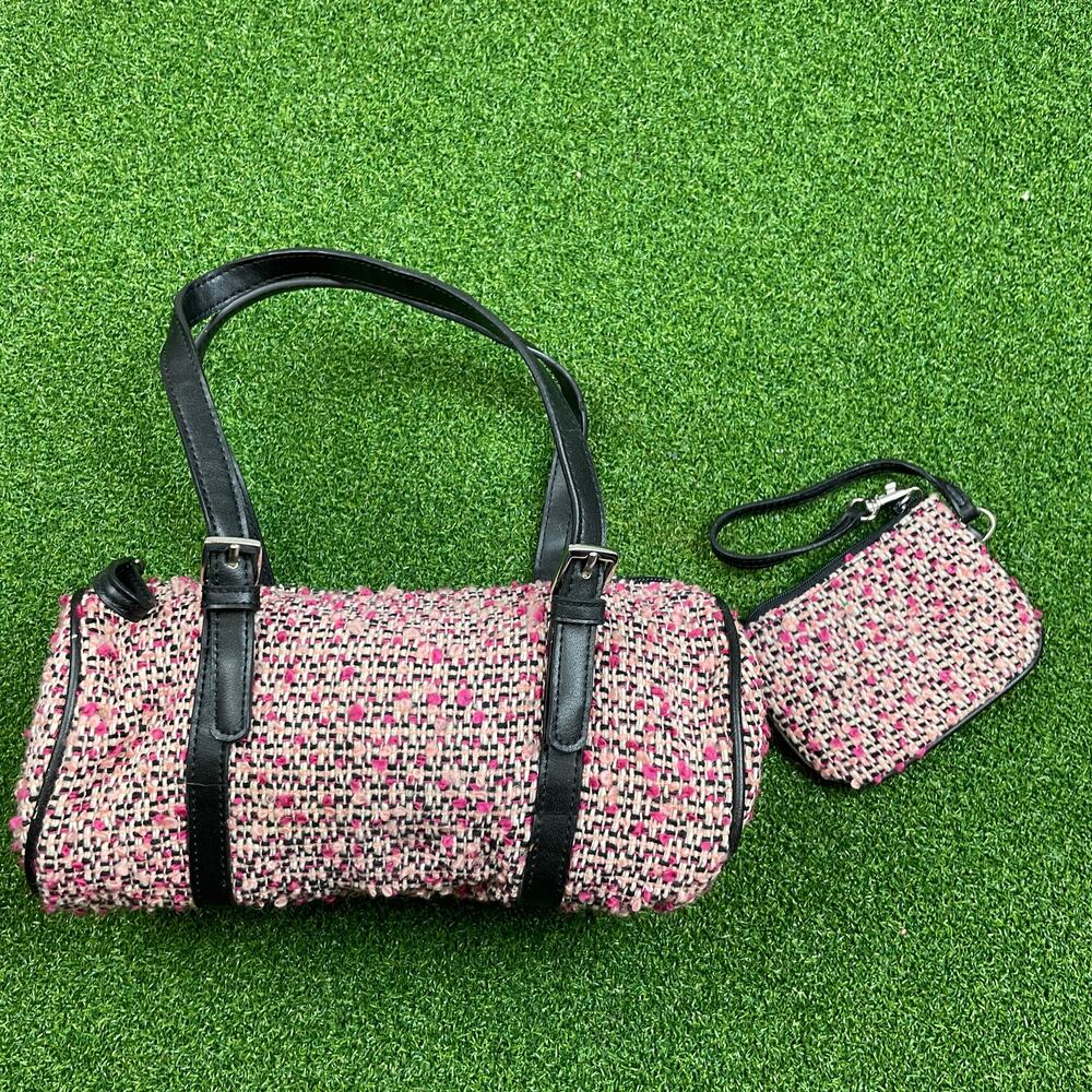 Vintage Amanda Smith Pink Tweed Barrel Bag with Coin Purse